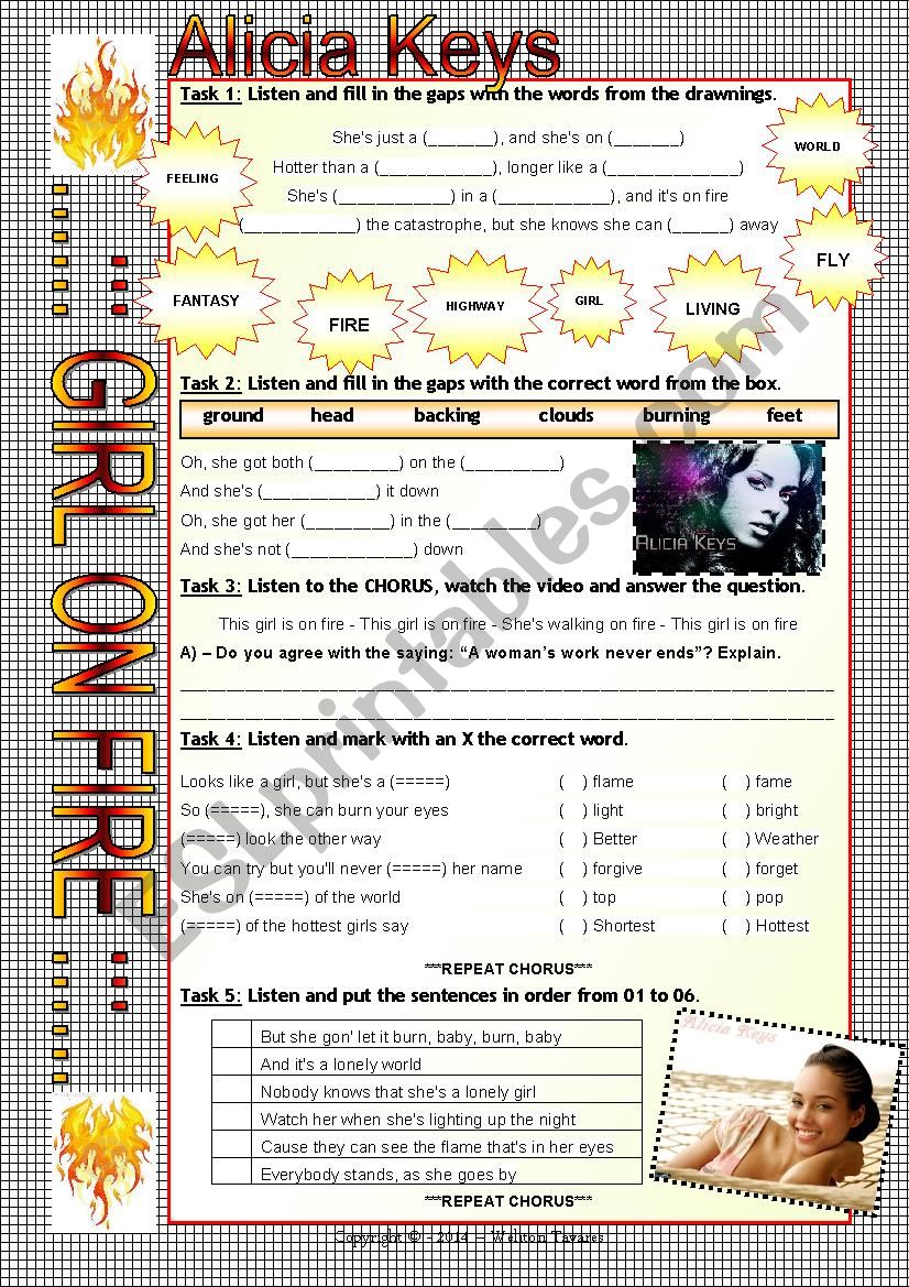 SONG WORKSHEET - GIRL ON FIRE - ALICIA KEYS