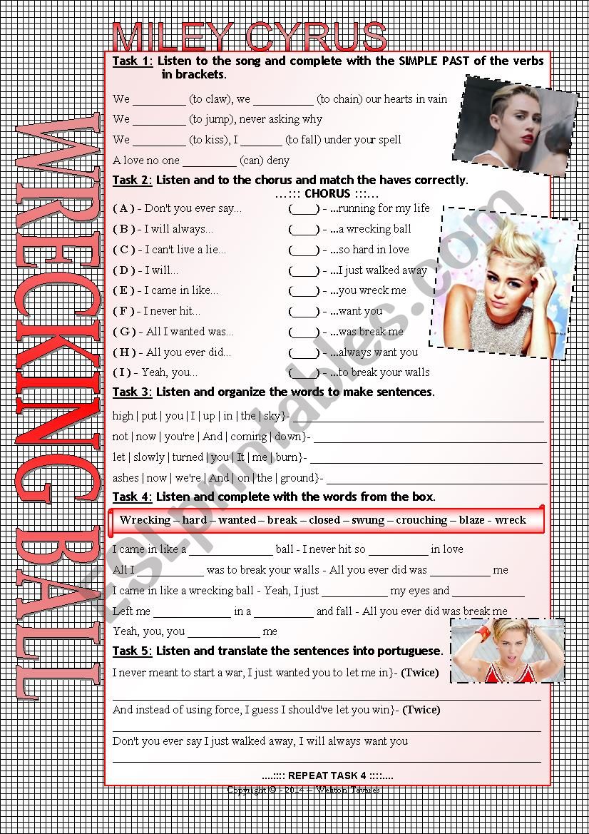 SONG WORKSHEET - WRECKING BALL - MILEY CYRUS