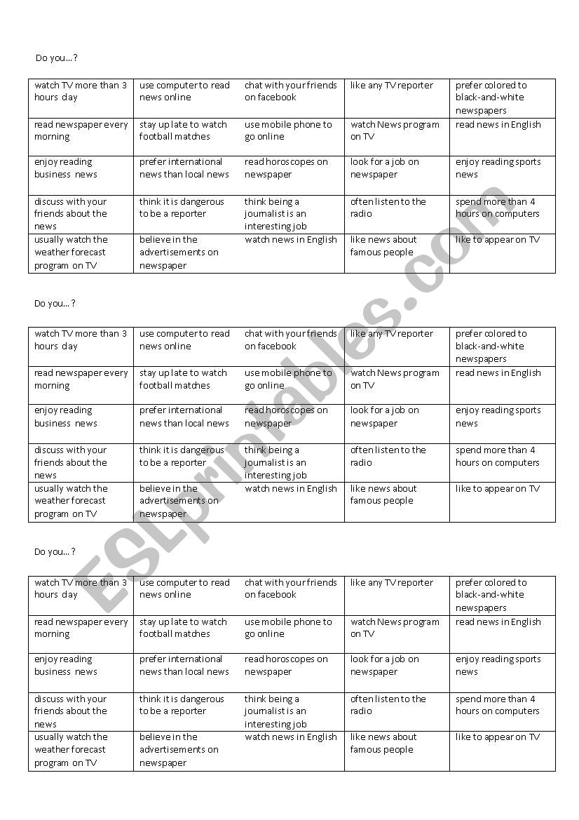 News and Headlines worksheet