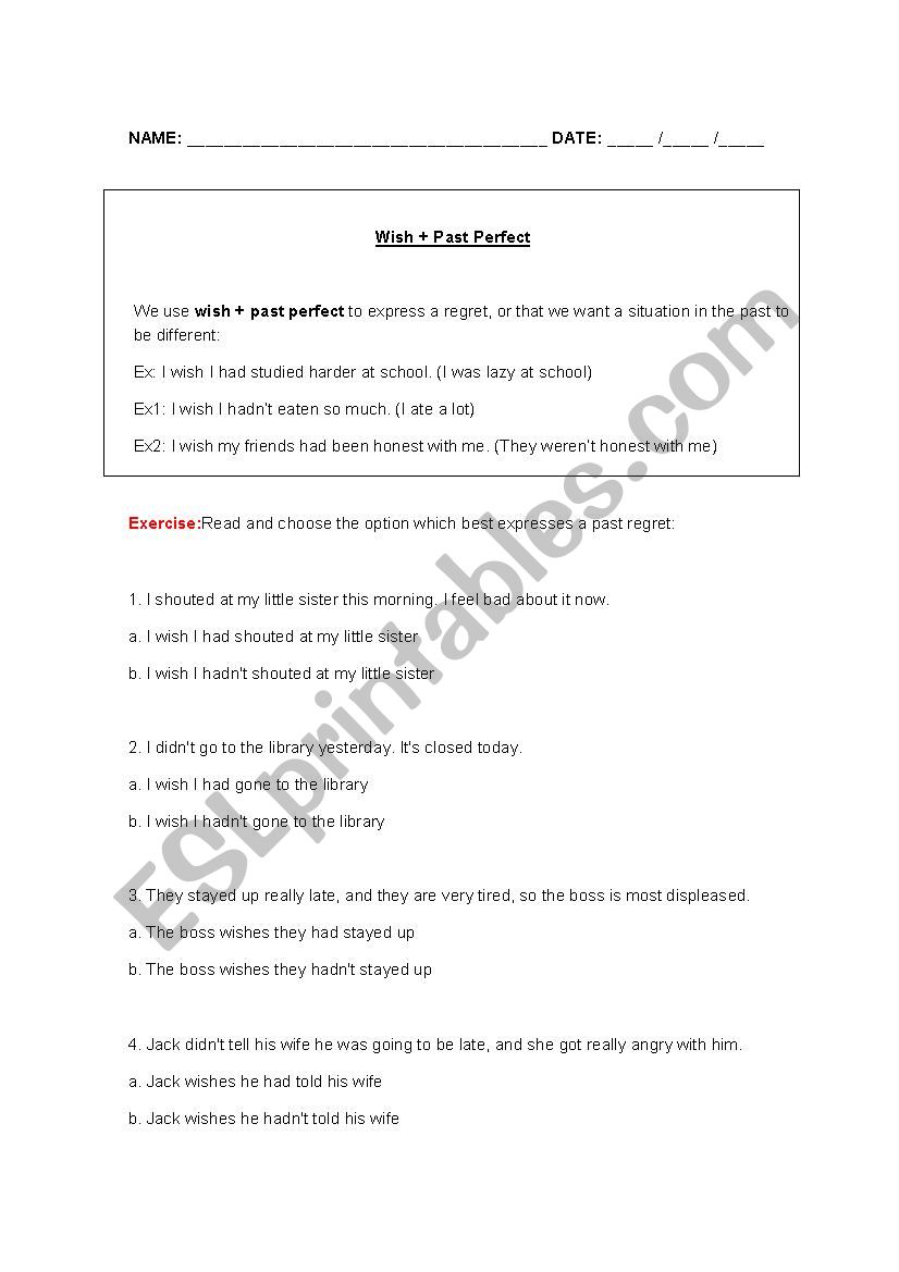 Wish + Past Perfect worksheet