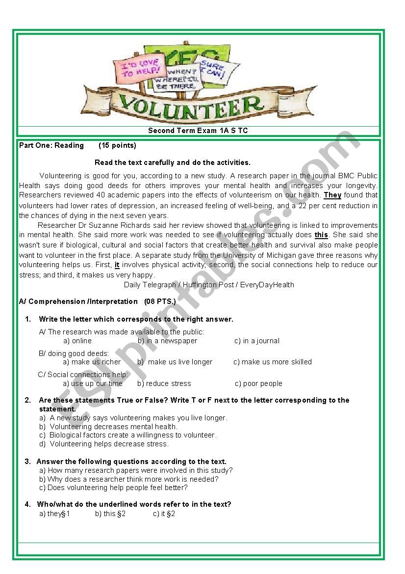 benifits of volunteering  worksheet