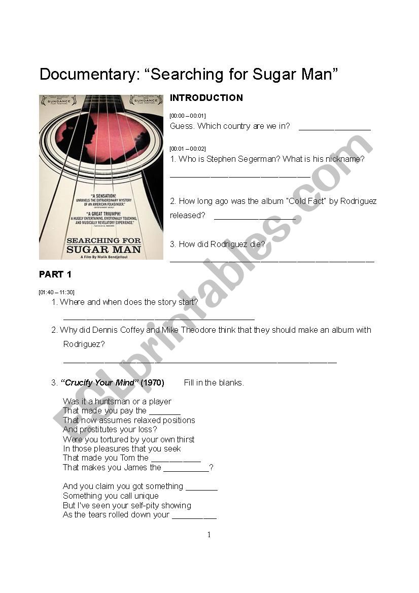 Searching For Sugar Man worksheet