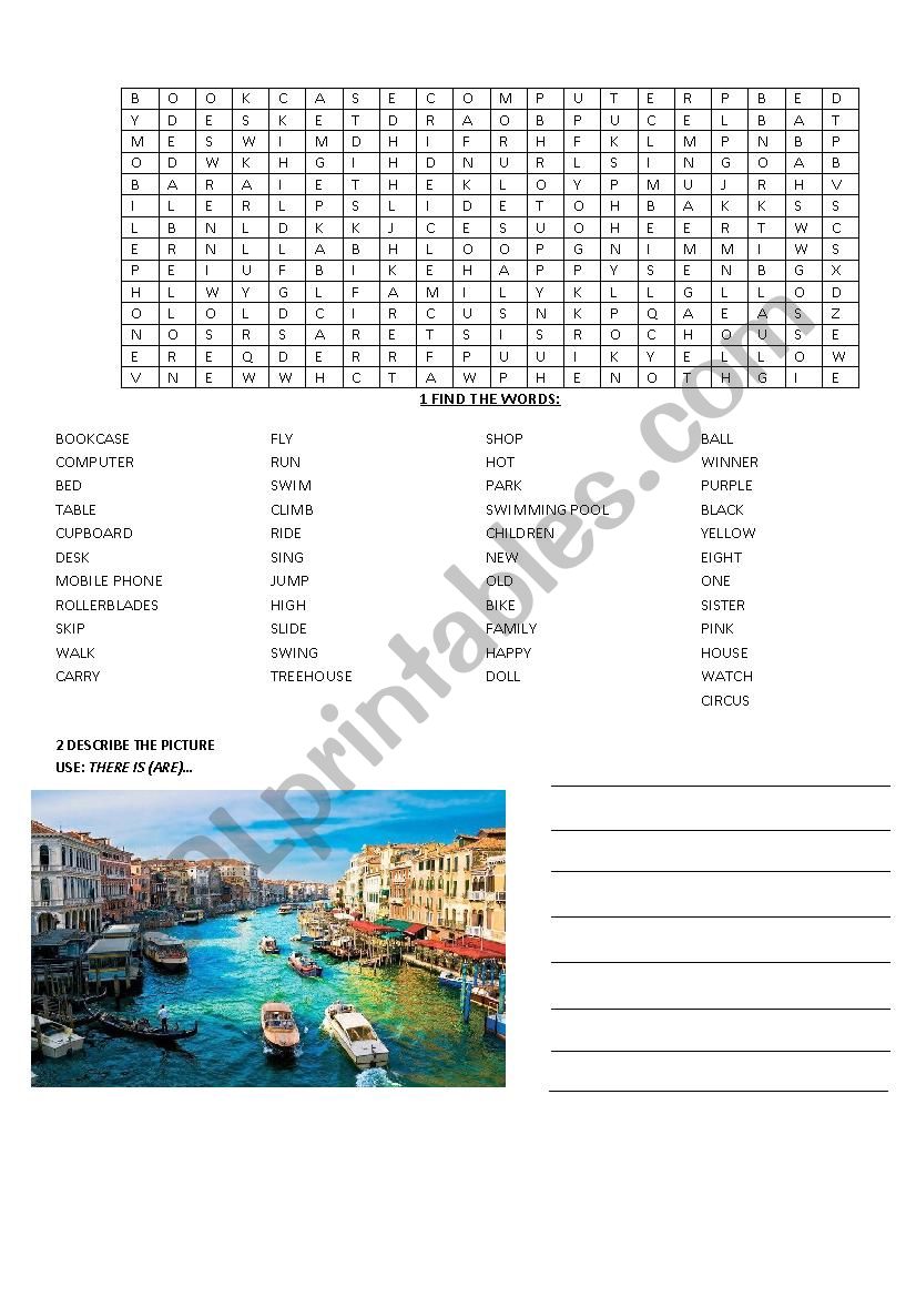 Wordsearch. Describing the city (using there is/ there are)