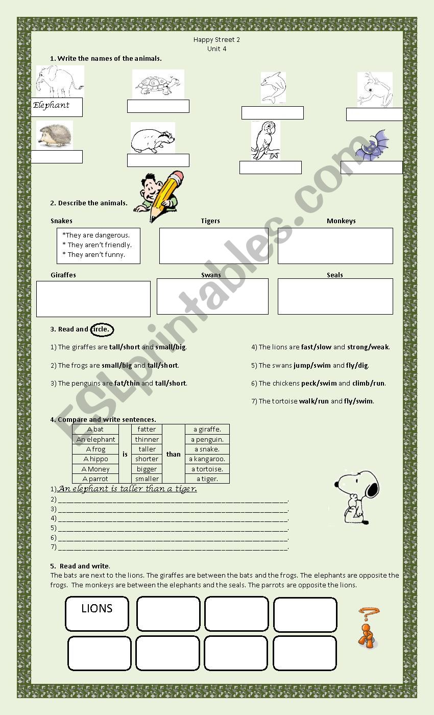 Zoo Animals, preposition of place, comparative