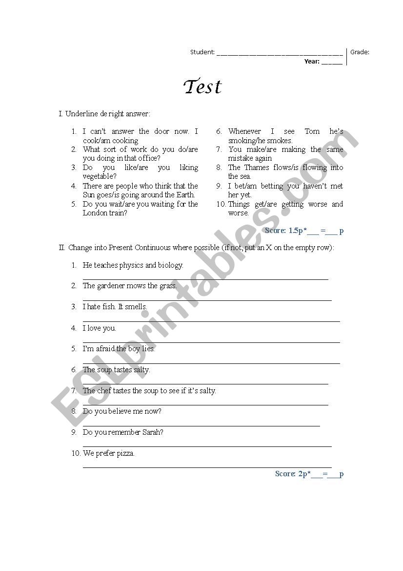 Present Tense Simple & Continuous - Test (KEY INCLUDED)