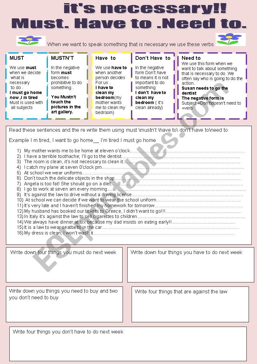 MUST OR HAVE TO - ESL worksheet by felizapenas