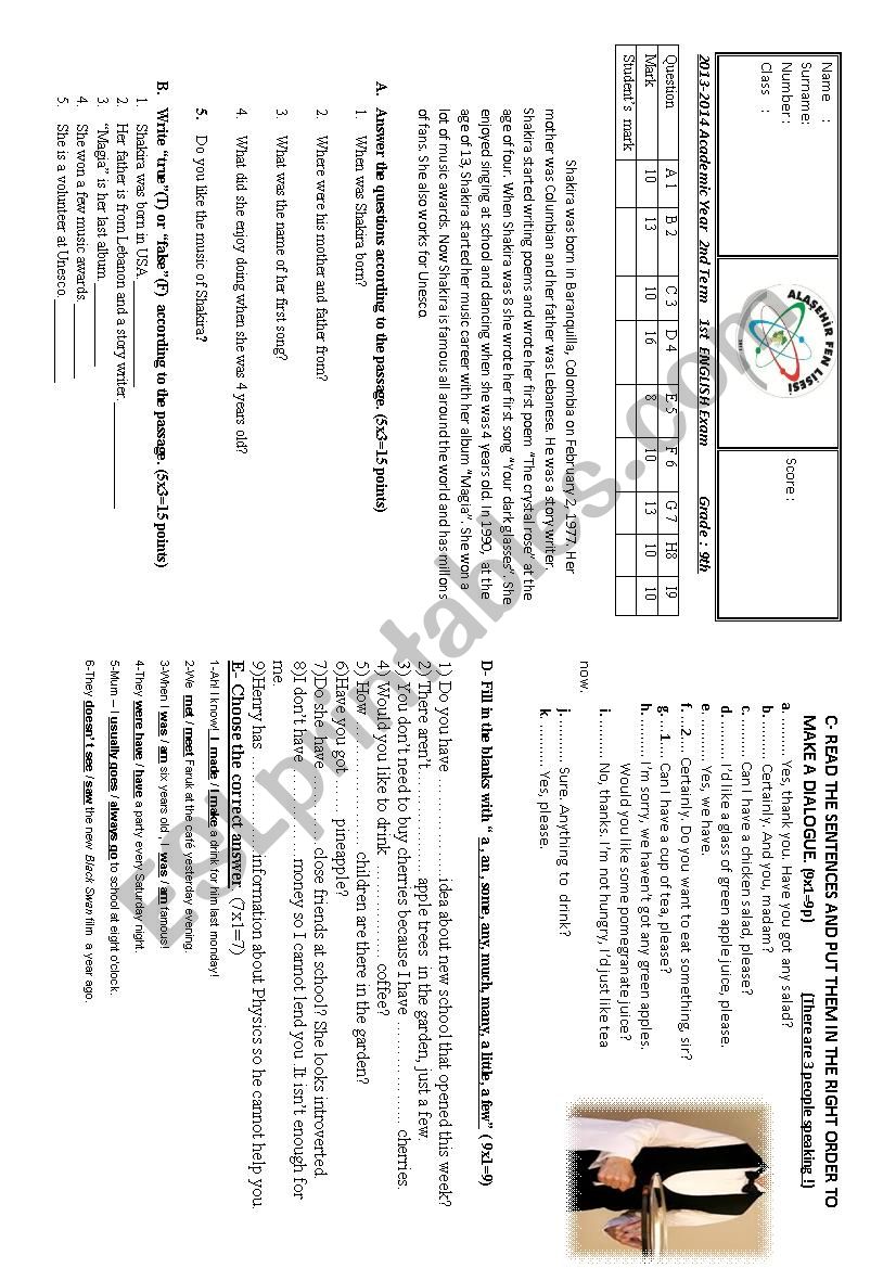 9th grade 1st exam  worksheet
