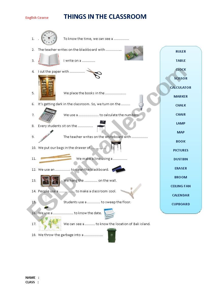 Things in the Classroom worksheet