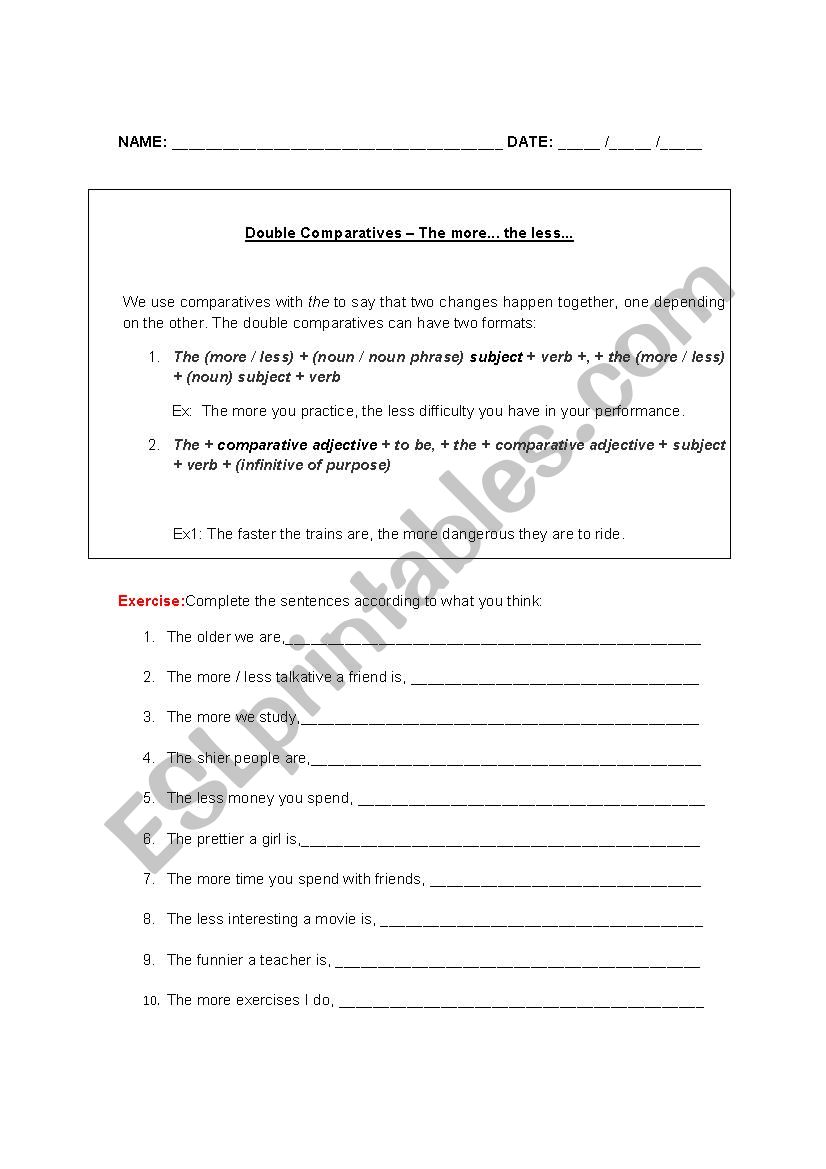 Double Comparatives worksheet