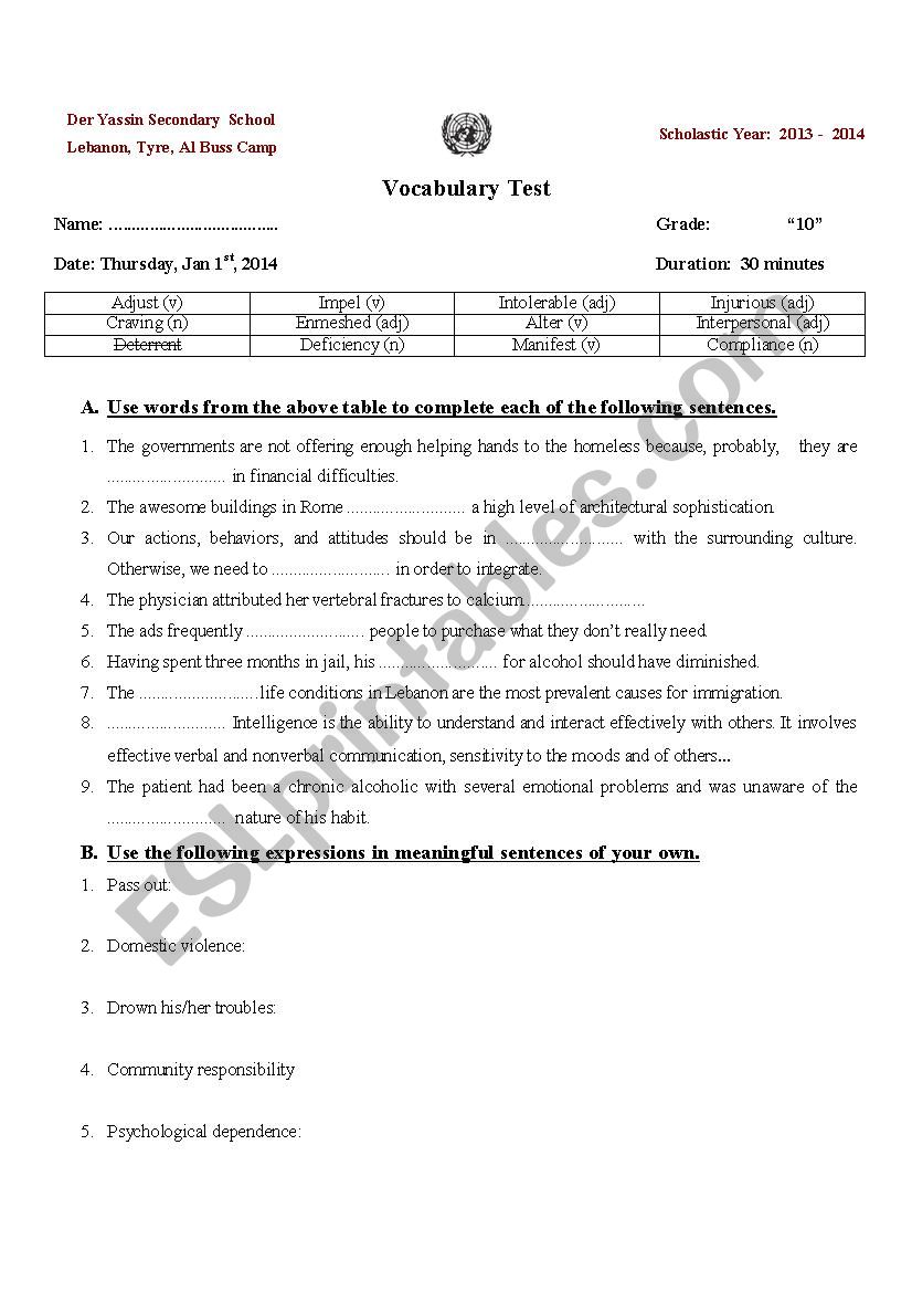 Alcoholism Vocabulary worksheet