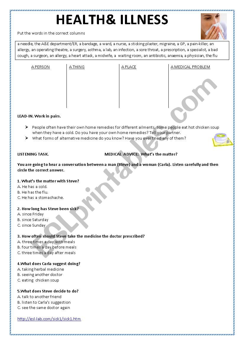 HEALTH AND ILLNESS worksheet