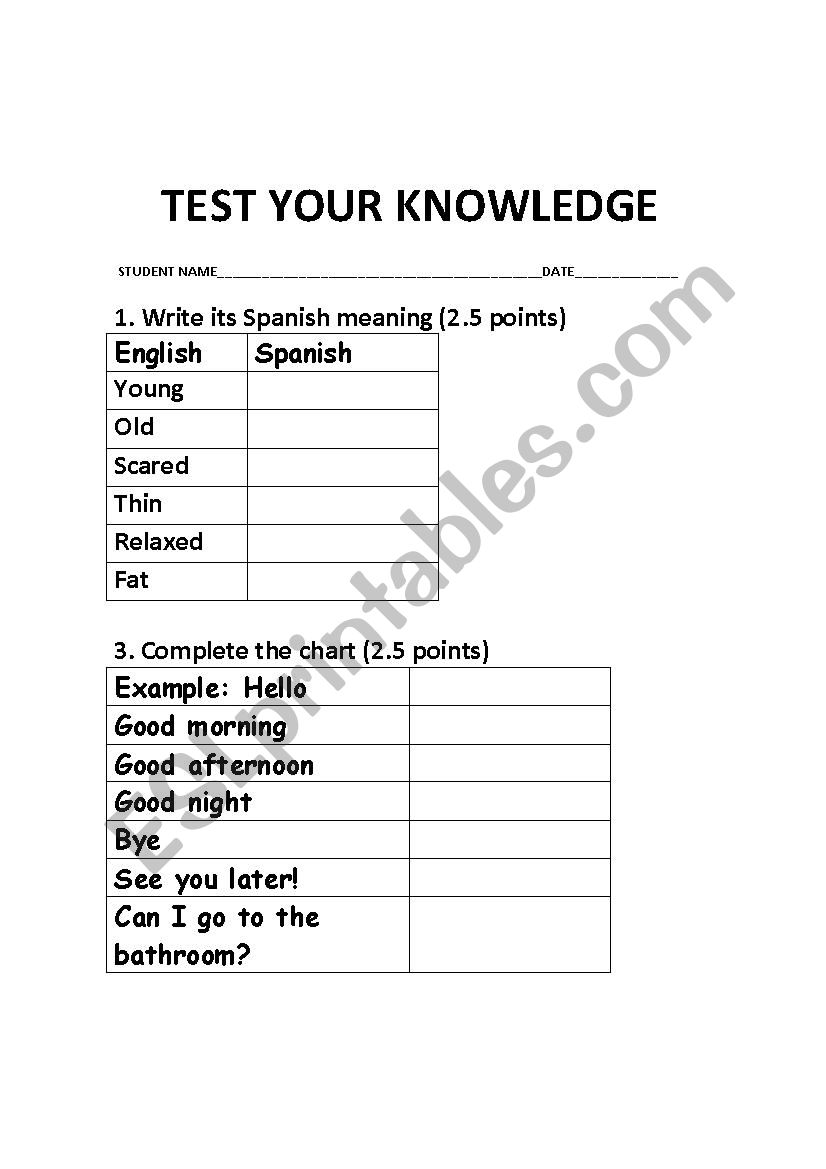test adjectives and greetings worksheet