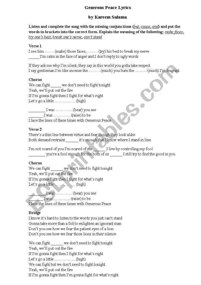 Kareem Salama Generous Peace Lyrics Esl Worksheet By Aslan Arslan