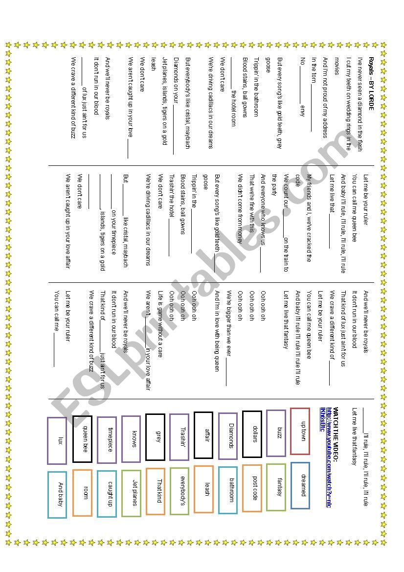 SONG: ROYALS - BY LORDE worksheet