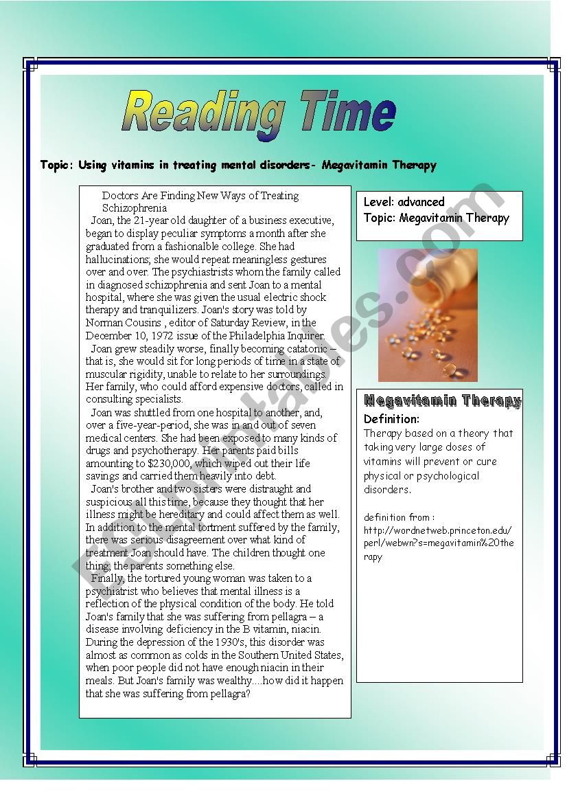 Megavitamin Therapy - reading worksheet