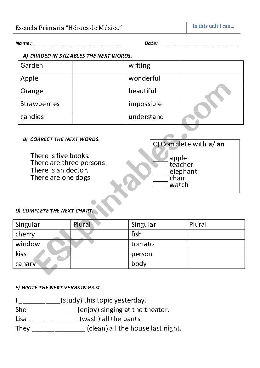 EXAM 5TH GRADE (PRIMARY SCHOOL) UNIT 3