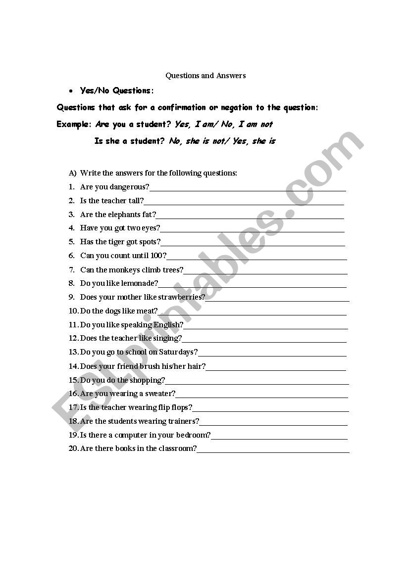 questions and answers worksheet