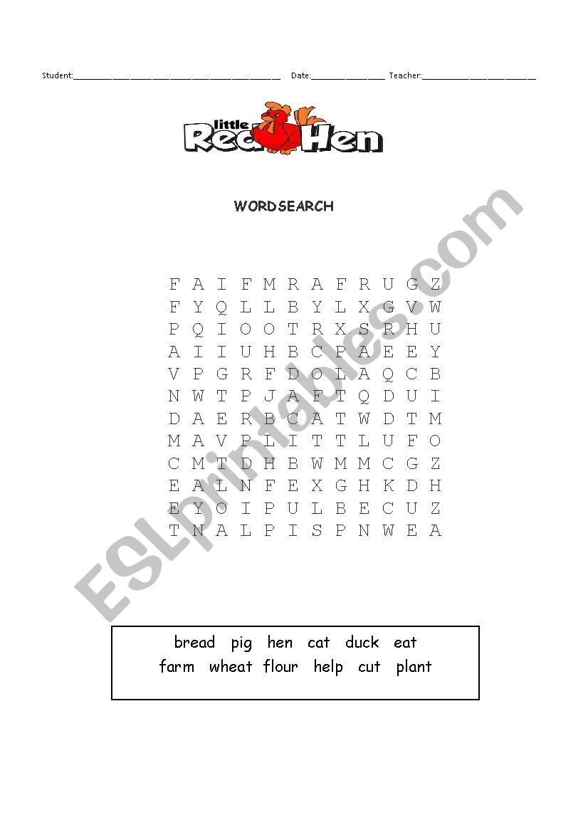 Story Little Red Hen Wordsearch