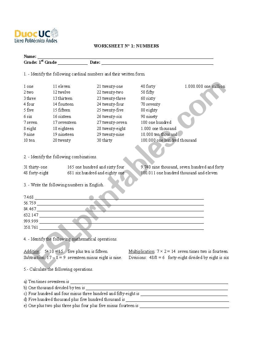 Numbers worksheet