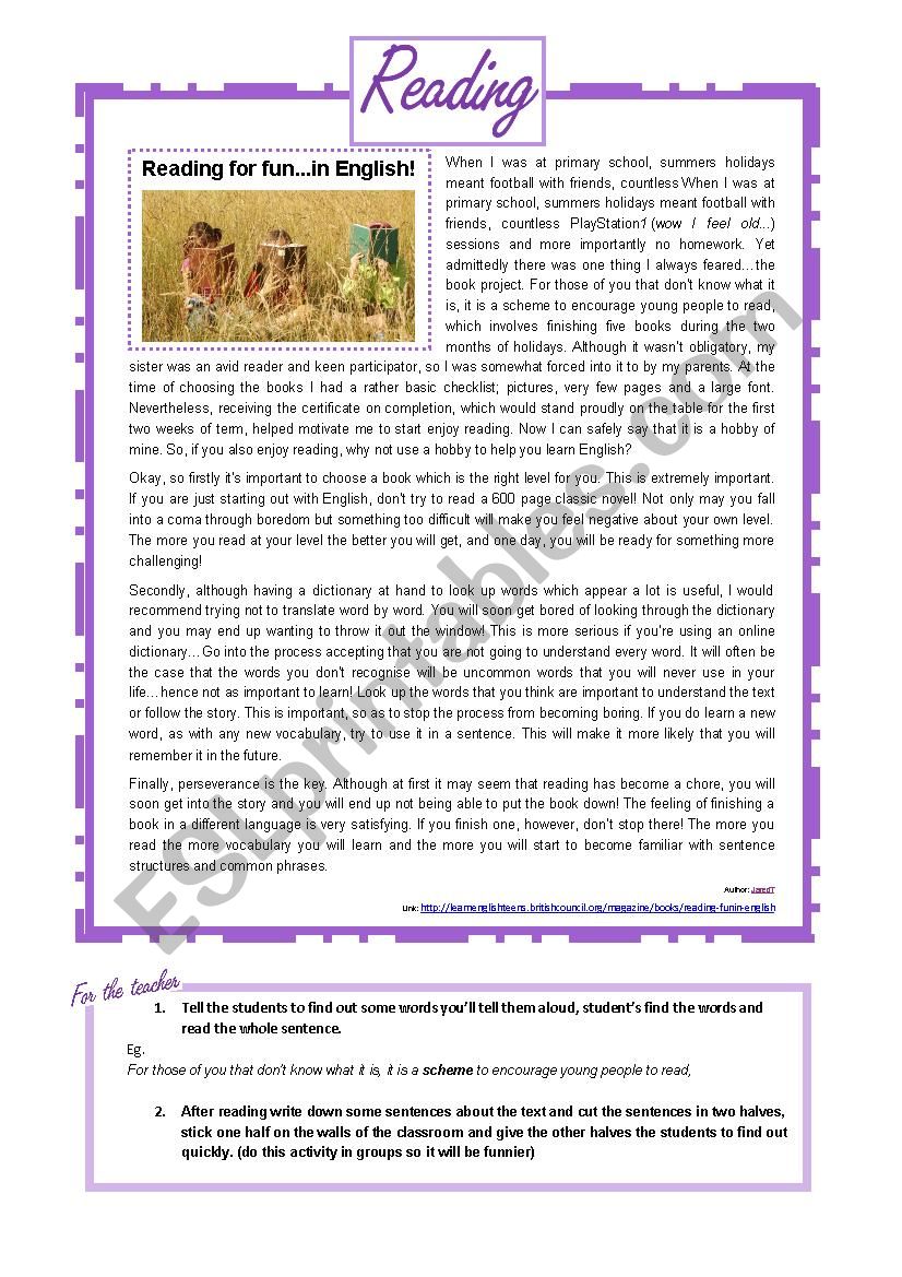 Reading for pleasure worksheet