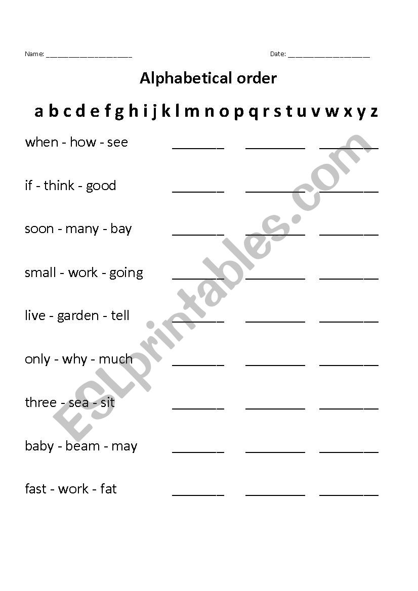 Alphabetical order worksheet