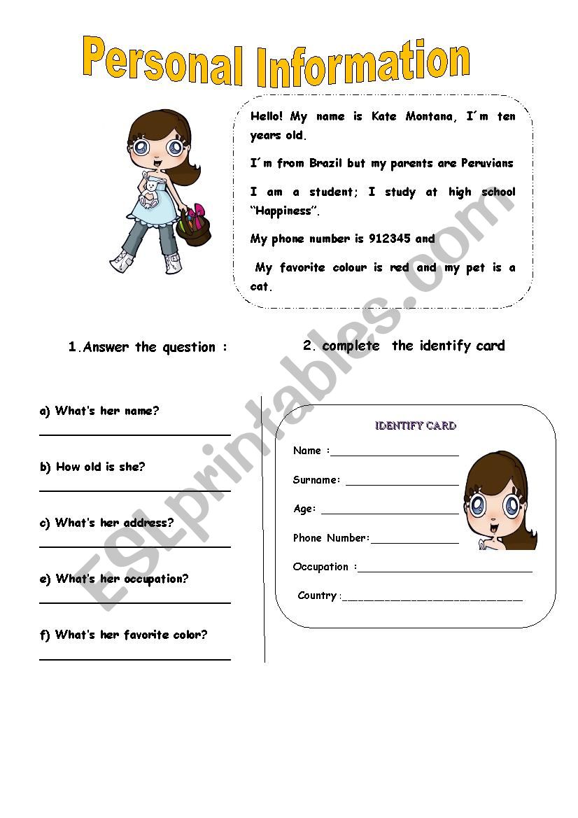 Personal information  worksheet