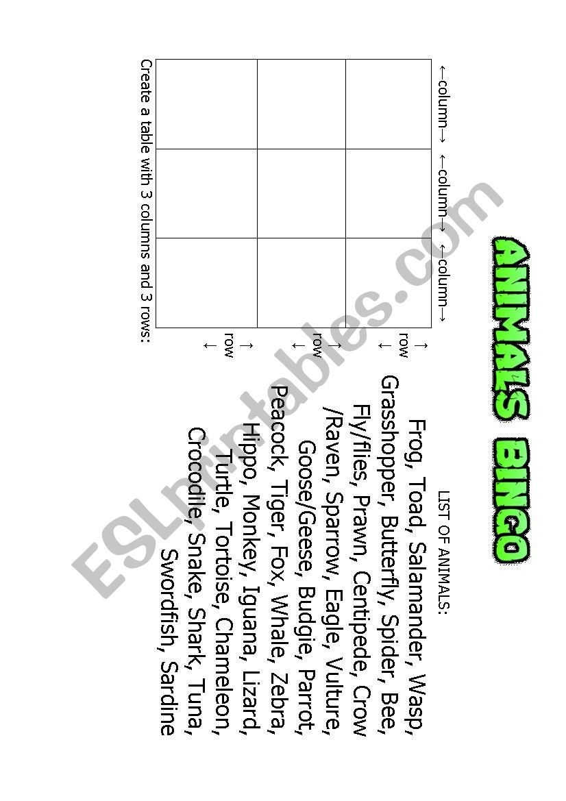 Bingo Animals worksheet