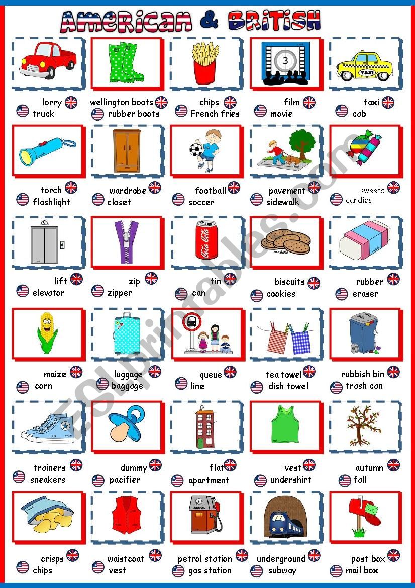 American vs British English - pictionary