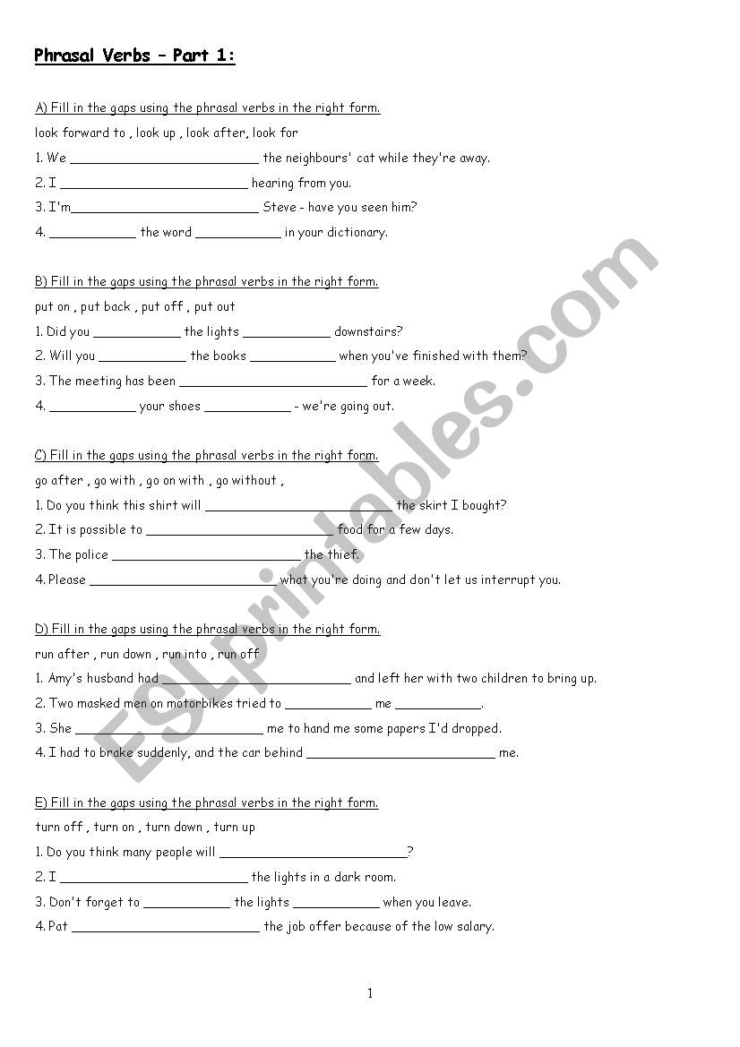 Phrasal Verbs - Part 1 worksheet