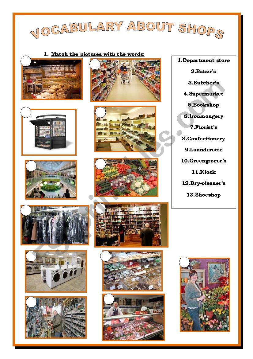 Vocabulary of shops worksheet