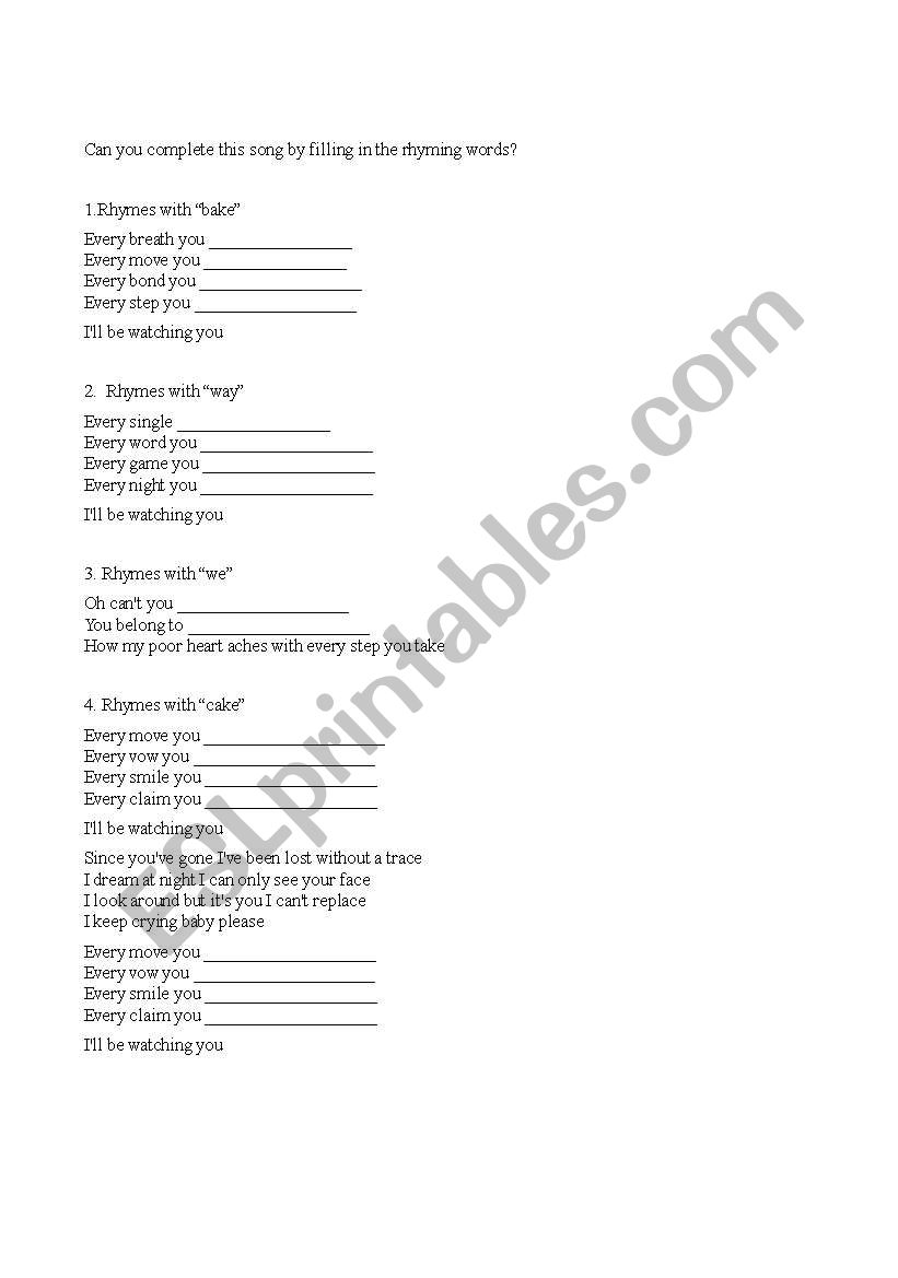 Every Breath You Take Rhyming Worksheet