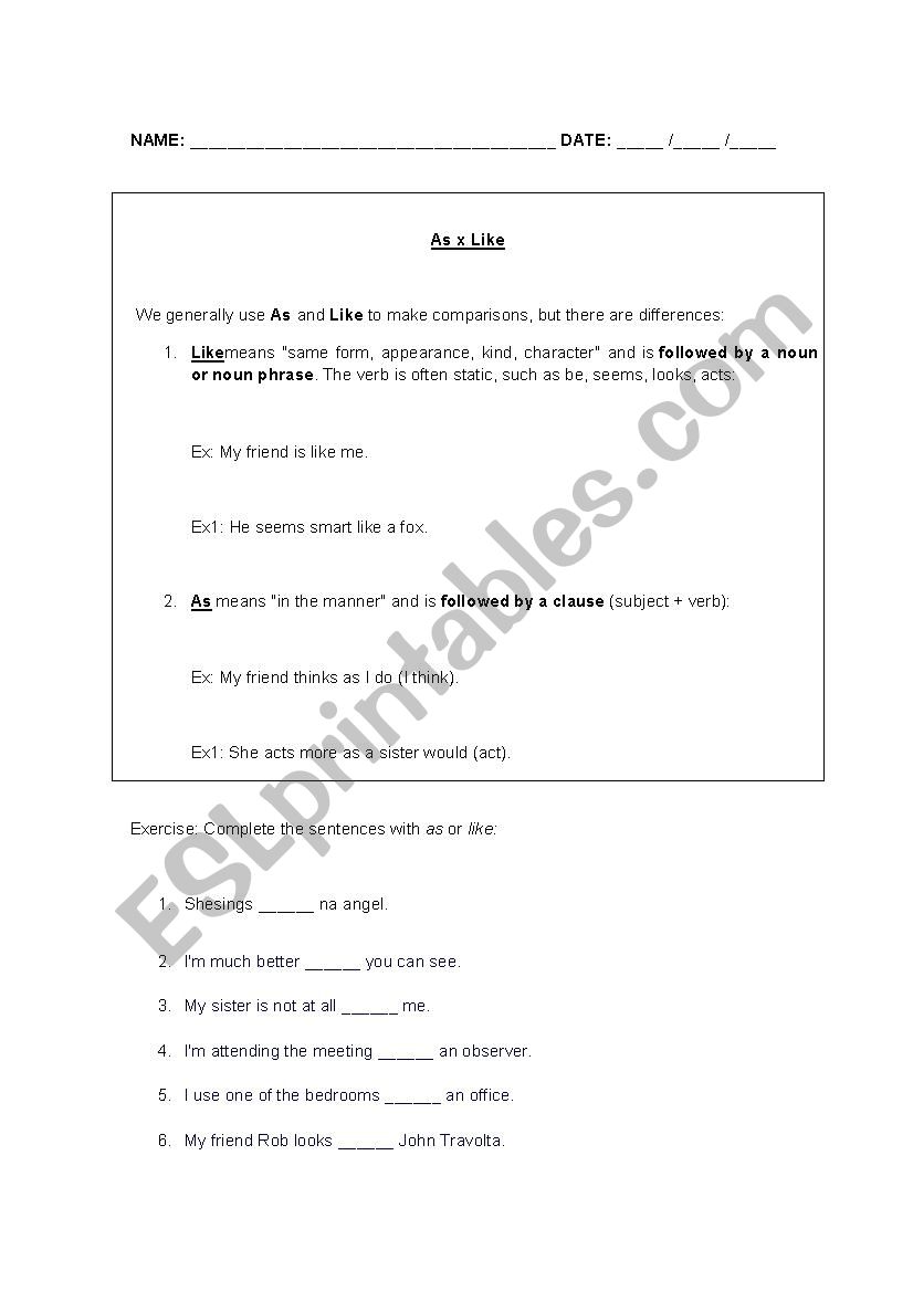 As vs. Like worksheet