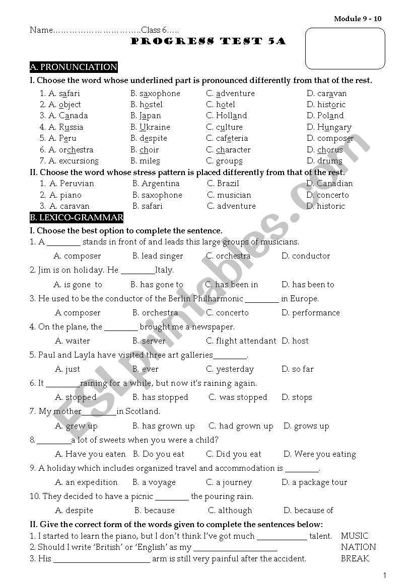 A big progress test worksheet