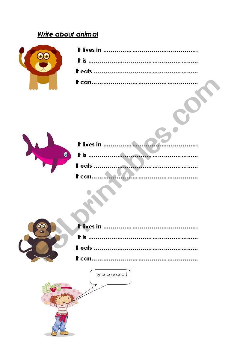 Write about animal   good work sheet