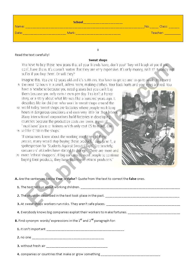 Sweat shops worksheet