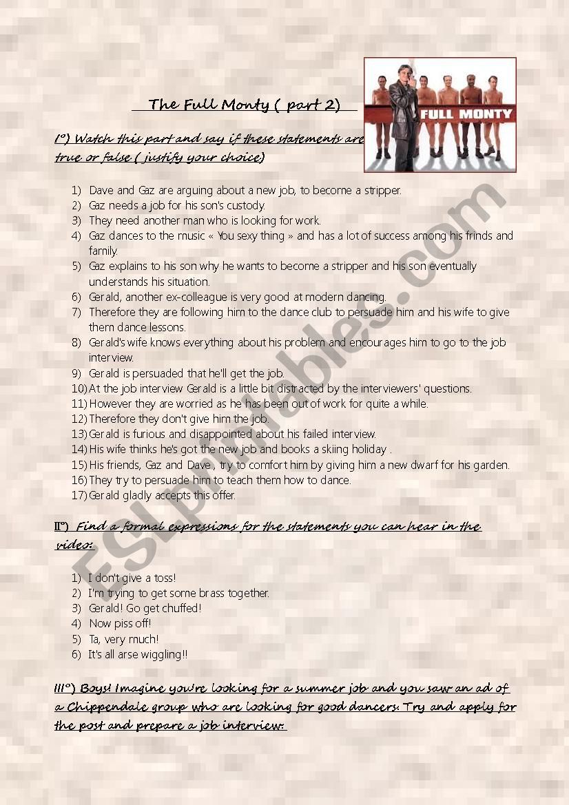 Film The Full Monty ( part 2) worksheet