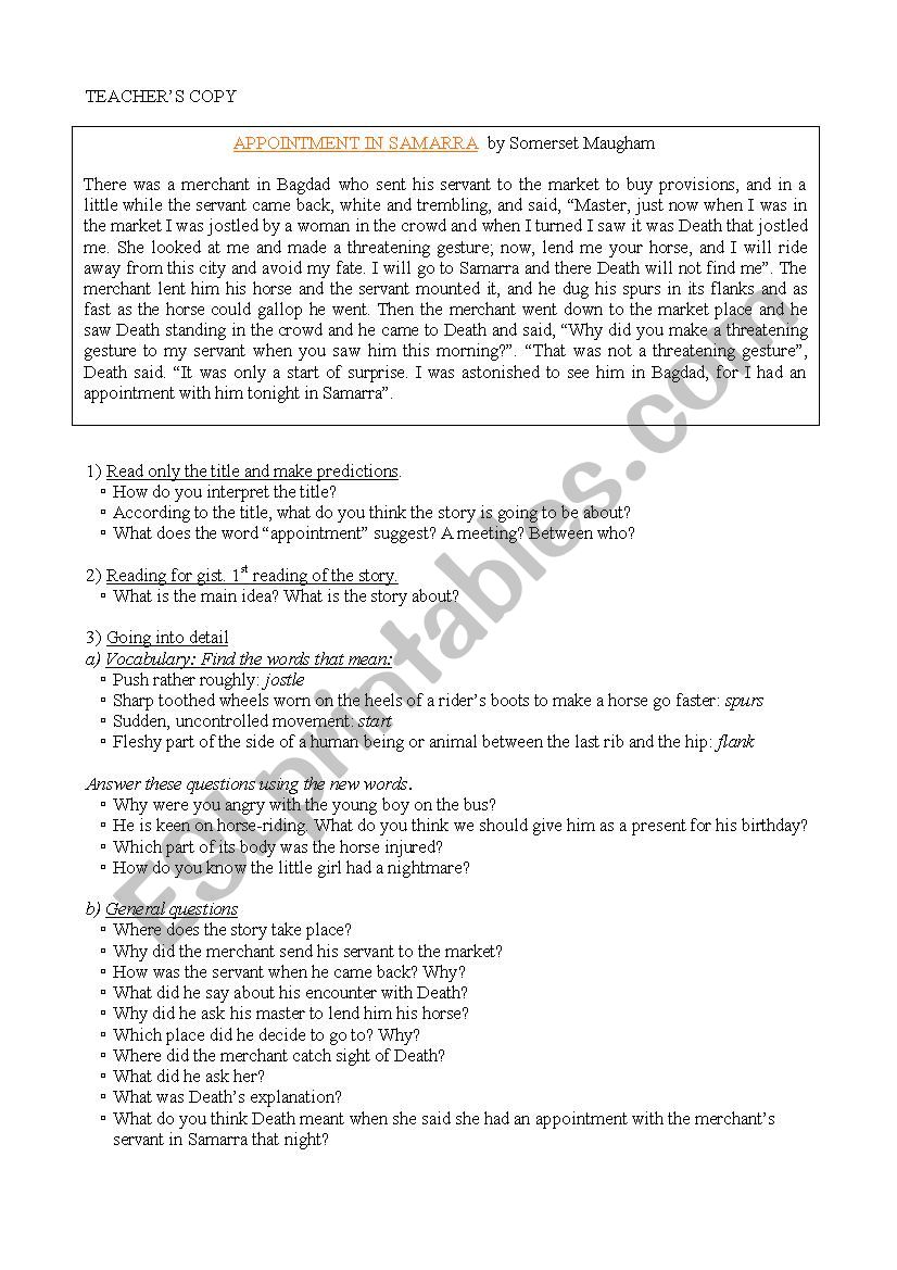 Appointment in Samarra worksheet