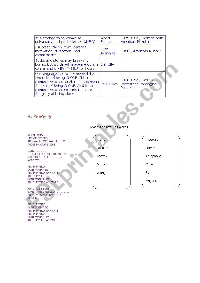 Lonly- alone worksheet