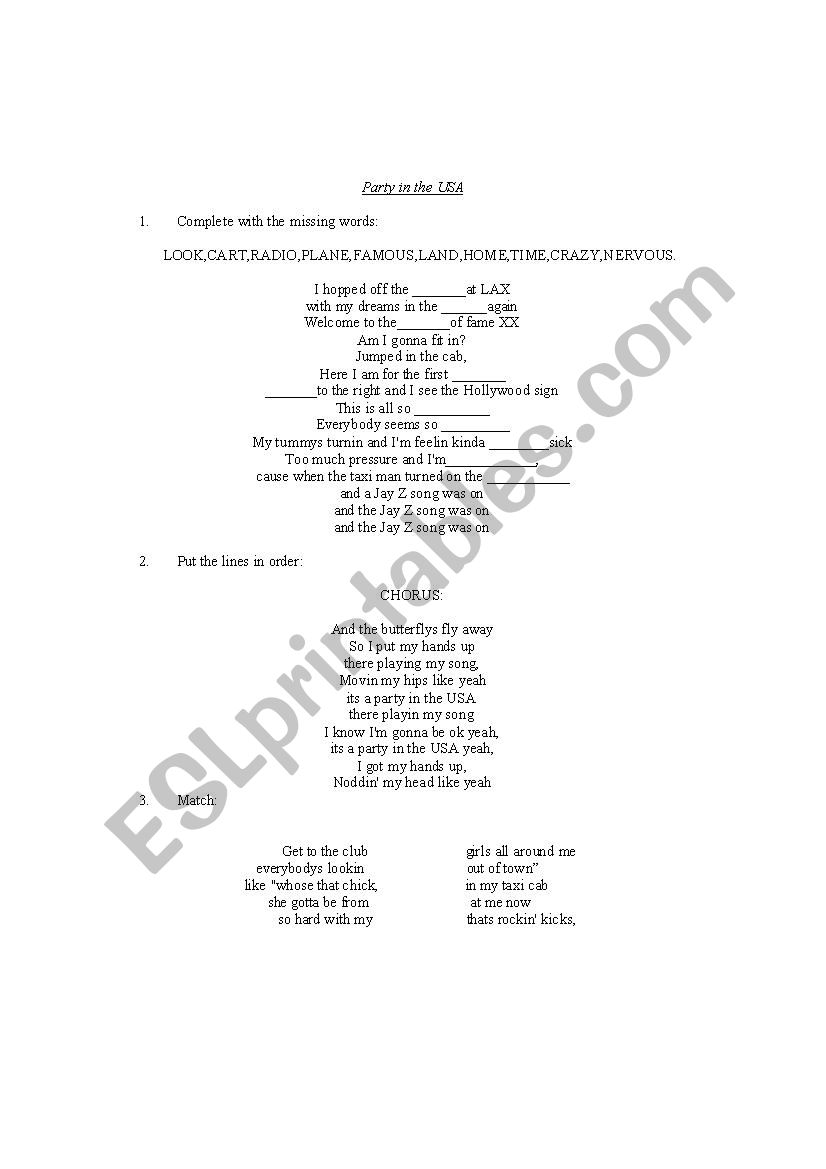 song party in the USA worksheet