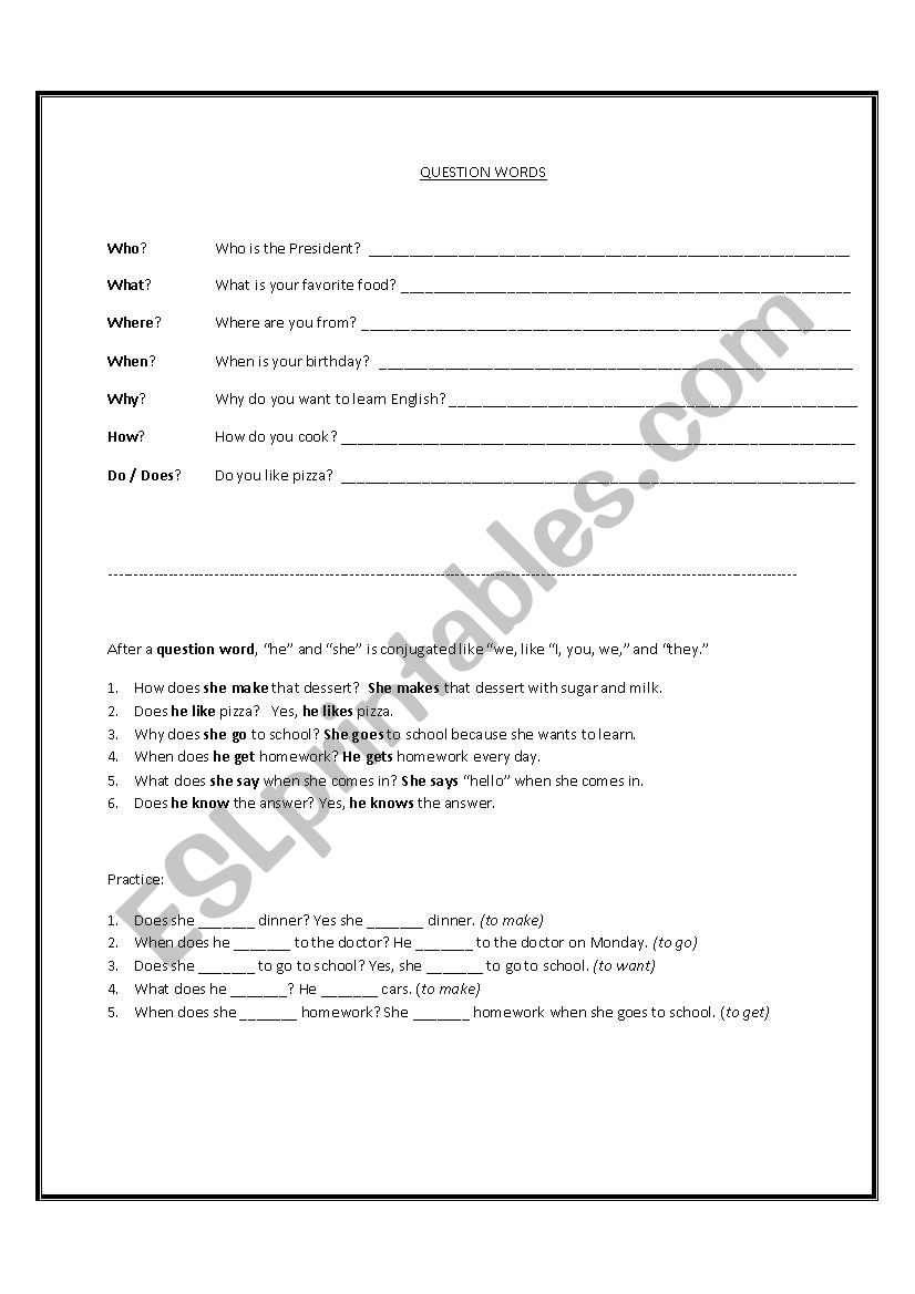 Question Words worksheet