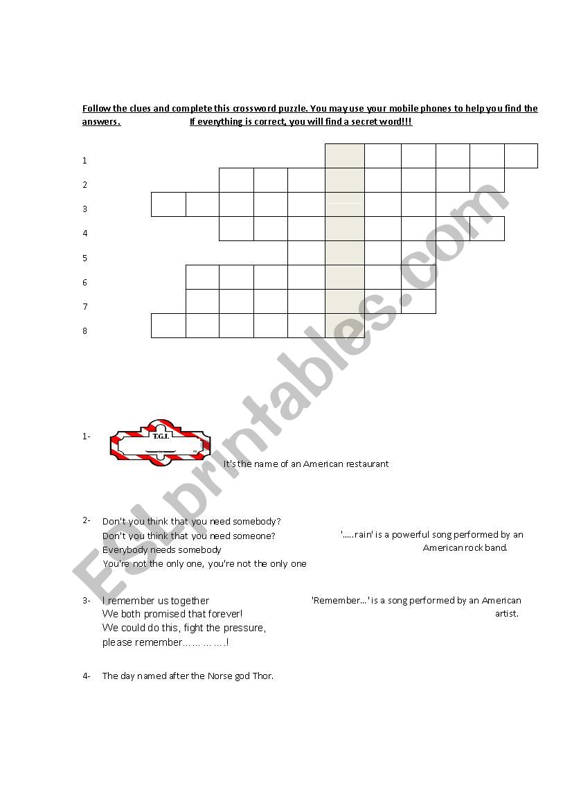 Crossword Puzzle - Days and Months