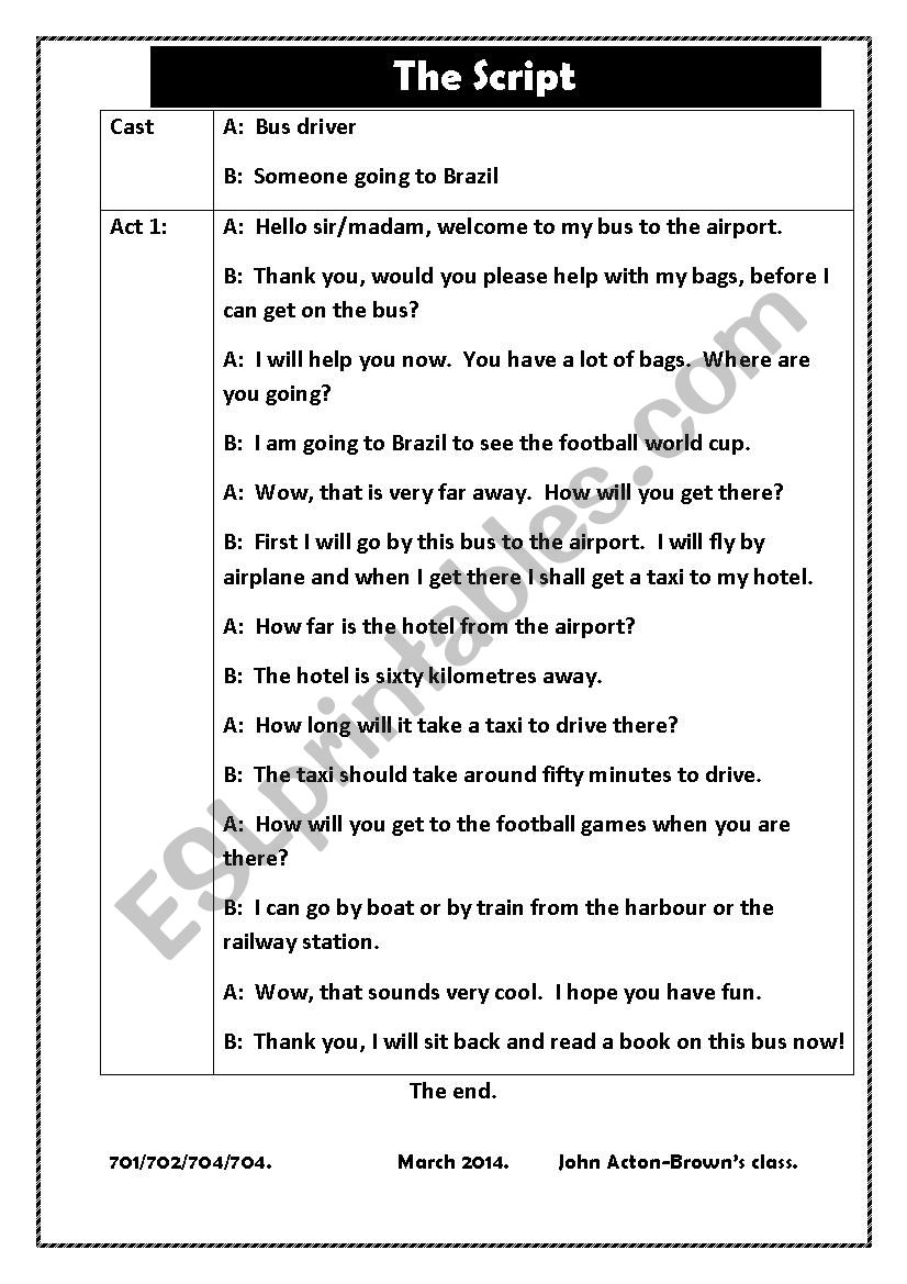 Transportation script worksheet