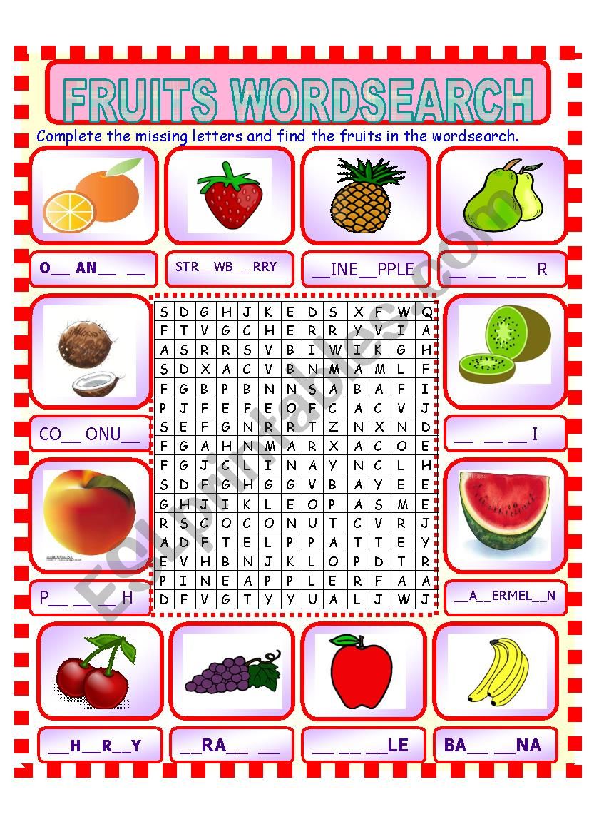 fruits wordsearch worksheet