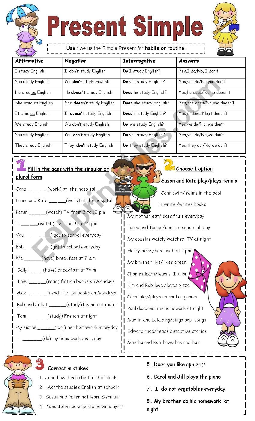 present simple - 1 part worksheet