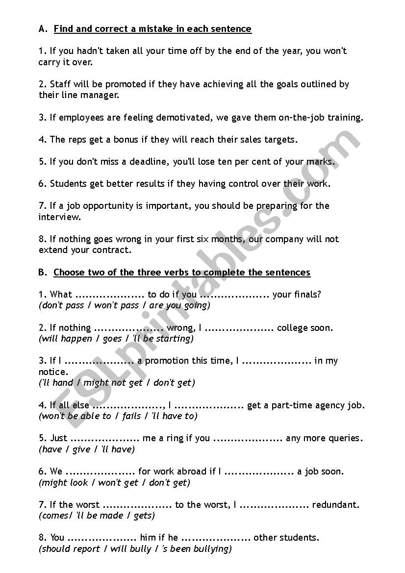 Conditionals worksheet (2 exercises w/ answers)