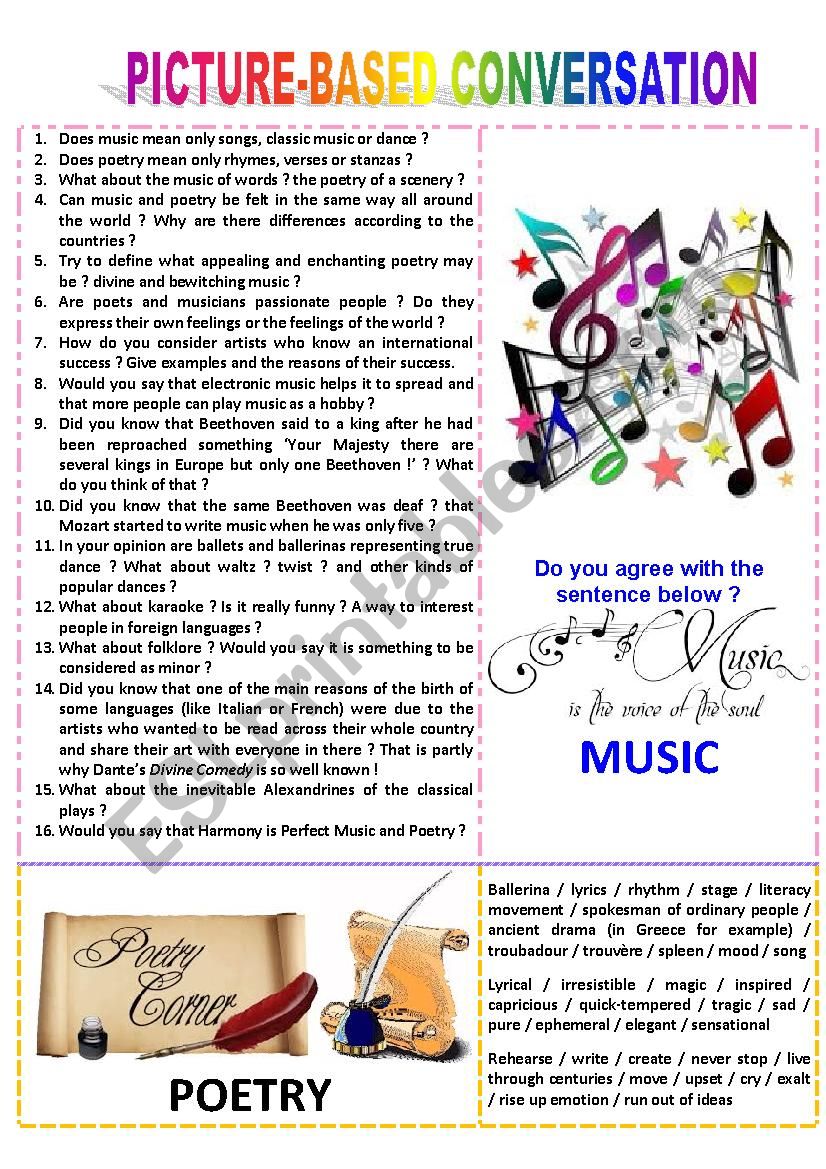 Picture-based conversation : topic 50 - music vs poetry - ESL worksheet by  maryse peyé