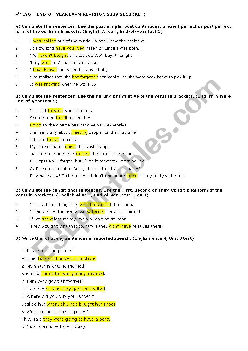 Final Exam 4Âº ESO ENGLISH ALIVE