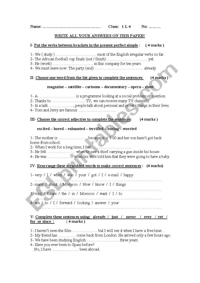 Test in Language worksheet