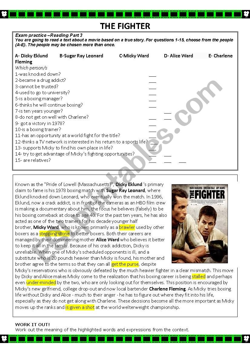 THE FIGHTER MOVIE WORKSHEET worksheet