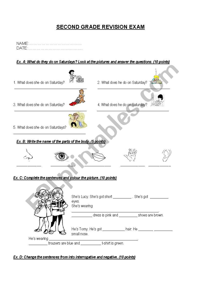 second grade revision test worksheet